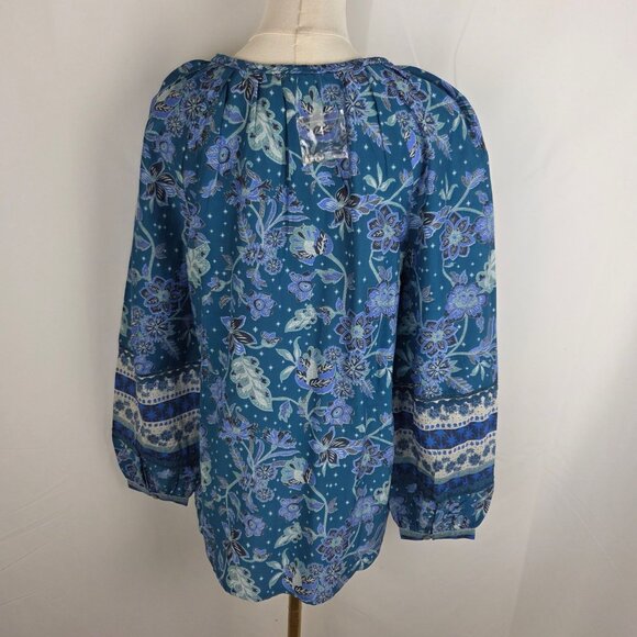 NWT! Sundance Arvilla Blue Floral Silk Cotton Blouse Small Balloon Sleeves Boho - Picture 4 of 11